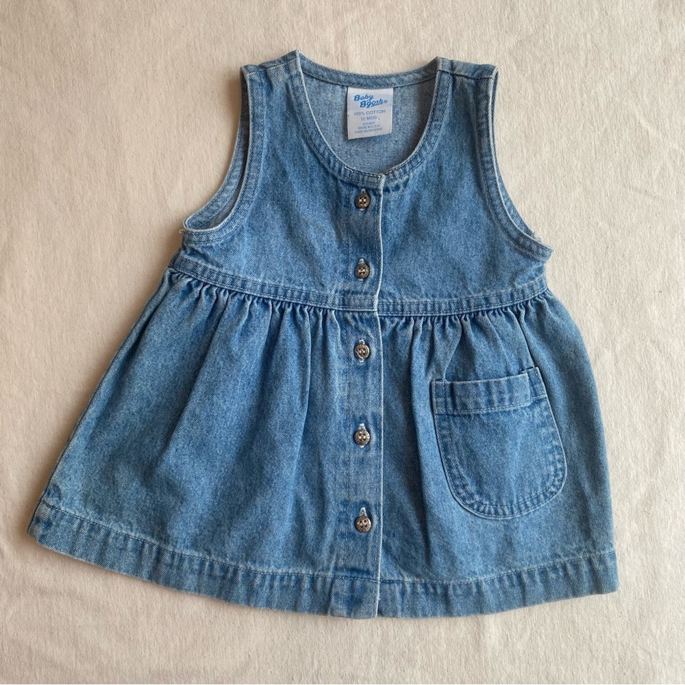 Vtg Oshkosh Baby B’gosh Denim Pinafore Dress Jumper 12 Months Pink Label